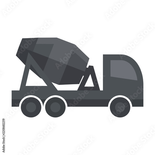 Cement mixer truck on road construction site with large rotating drum
