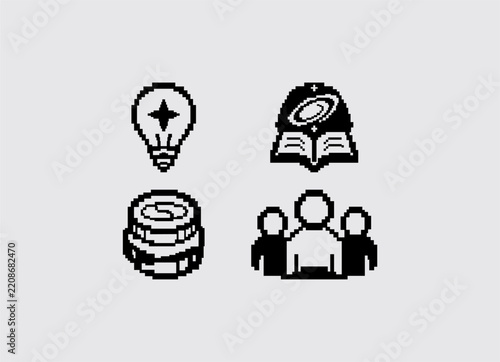 Black and White Pixel Art Universal Icon Set with Idea, Education, Finance and Community Symbols