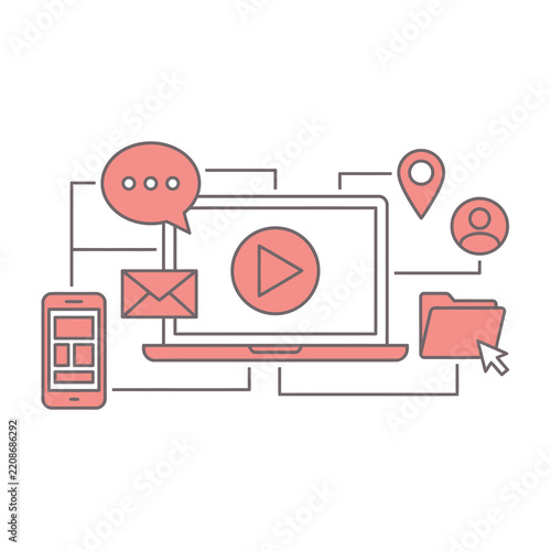 Multimedia layout concept with laptop, smartphone, video play button, folder, email, and chat bubbles