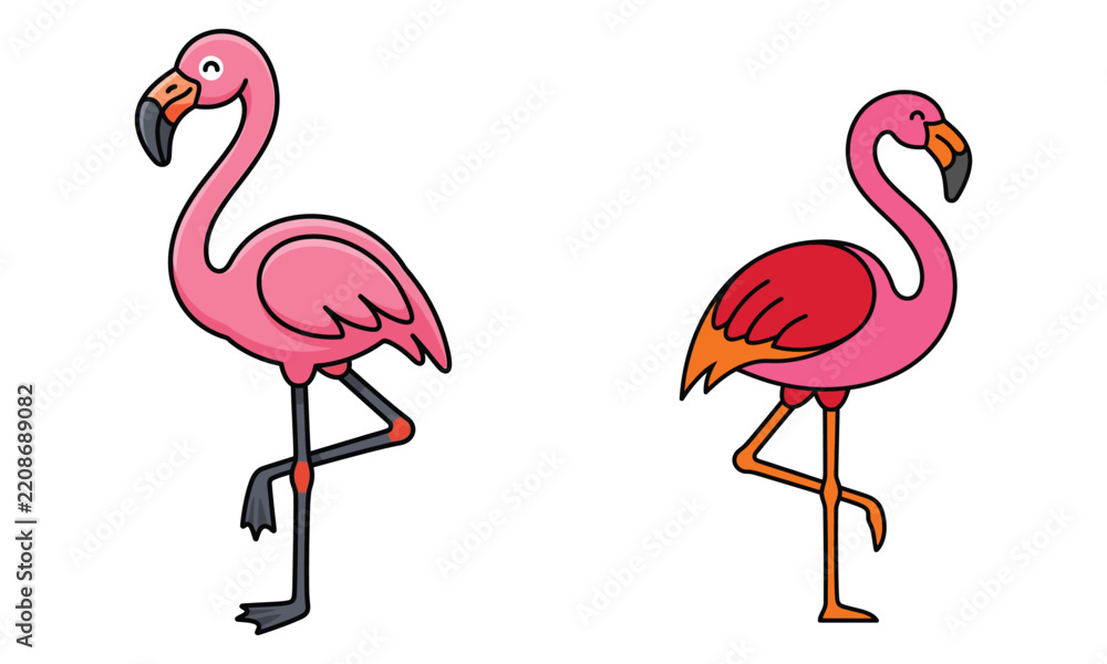 Obraz premium Cute cartoon flamingo vector illustration set with exotic pink birds standing on one leg