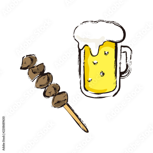 生ビールと焼き鳥砂肝串のイラスト