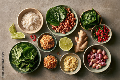 Southeast Asian ingredient flat lay with betel leaf, peanut, coconut, lime, ginger, shallot and chilli arranged in ceramic bowls for traditional cooking.