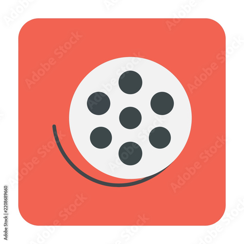 Smiling film reel icon on orange background with black dots
