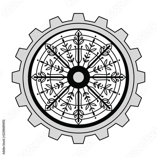 Industrial Gear Logo Design Featuring Intricate Floral Mandala Ornament Pattern