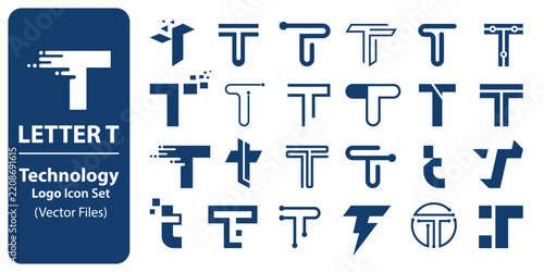 Letter T Technology Logo Icon Set – Creative Modern Digital Tech Alphabet Symbols.