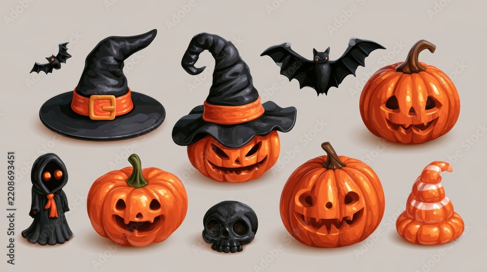 Fototapeta premium Halloween decorative items,pumpkin bucket,orange candy,jack-o-lantern,witch hat,spooky,scary,spider web,ghost,horror,black cat,festive,celebration,banner,element set on white background.