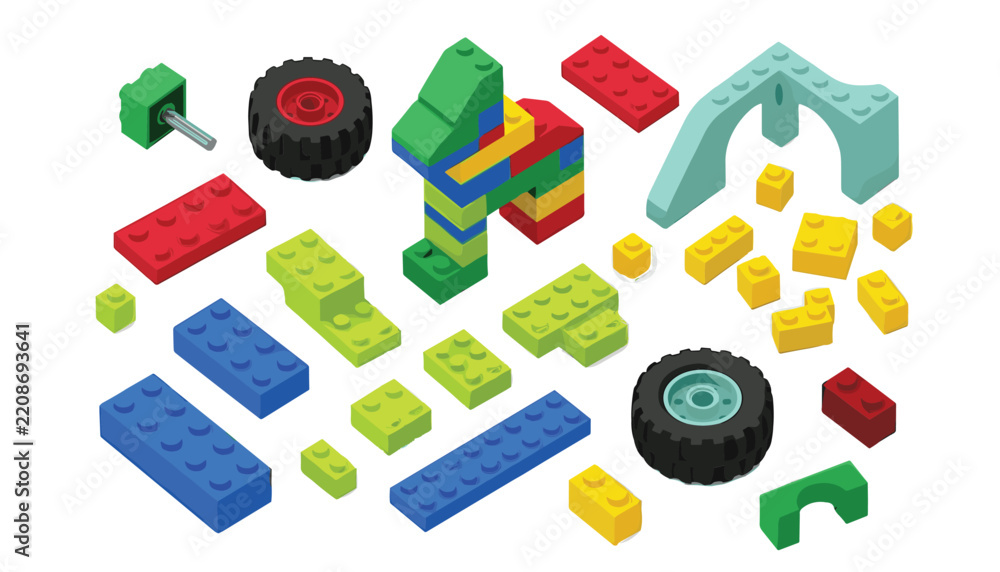Naklejka premium Set of isometric plastic building blocks toy bricks wheels and construction elements isolated on white background vector