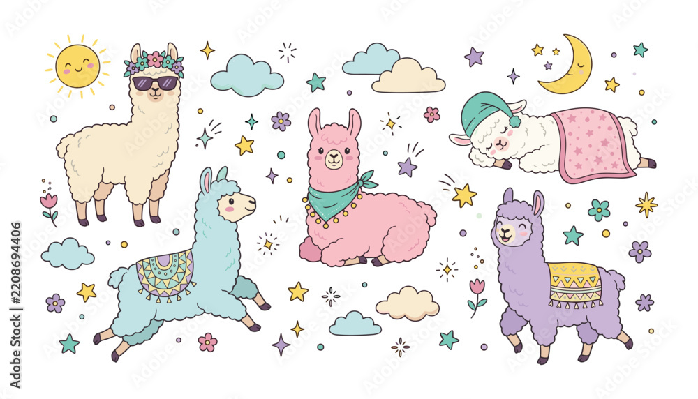 Obraz premium Cute llama and alpaca vector character collection featuring cartoon animals stars clouds and moon for nursery design