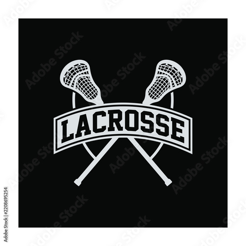 Lacrosse sport logo with crossed sticks and banner