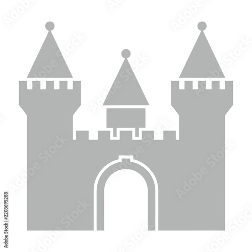 Gray castle icon with towers and archway, medieval fortress symbol