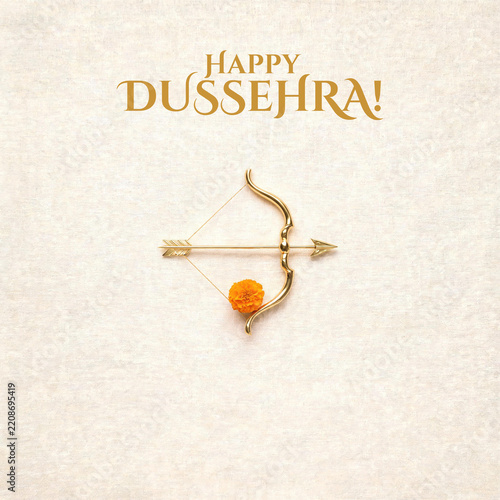 Golden Bow and Arrow with Flowers on Light Background Happy Shubh Dussehra