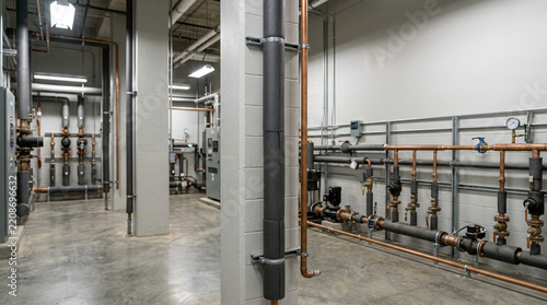 Commercial mechanical utility room with foam pipe insulation