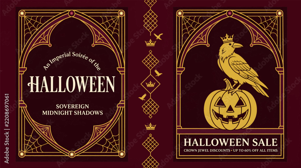Obraz premium Elegant halloween themed invitation featuring regal bird and jack o' lantern under ornate gothic arches