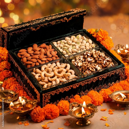 Diwali Dry Fruits Gift Box with Flowers and Traditional Diyas