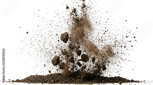 Explosion of dirt and rocks mid-air against isolated on transparent background