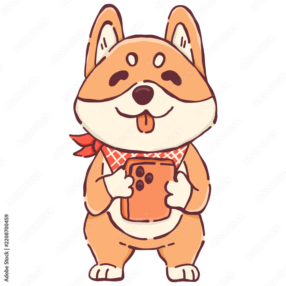 Fototapeta premium Cute Cartoon Shiba Inu Holding a Smartphone