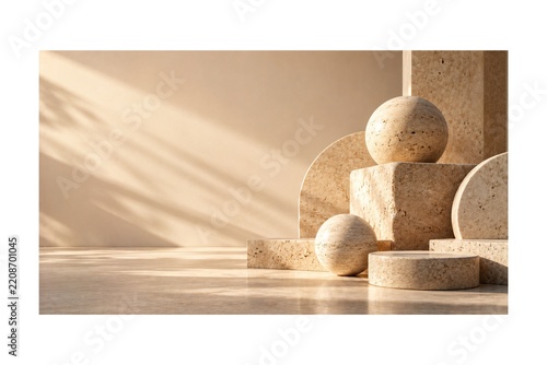 Sculptural Travertine Geometric Forms and Stone Spheres in Warm Beige Minimalist Architectural Interior