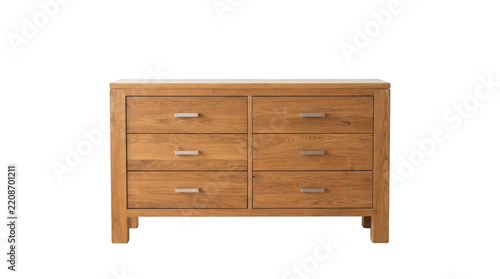 A wooden chest of drawers with six drawers, featuring a natural wood grain texture and modern silver handles, isolated on transparent background
