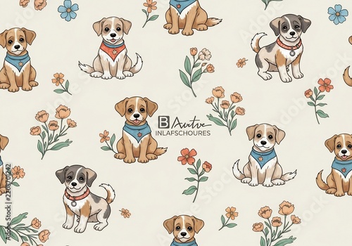 花と戯れる愛らしい子犬たちの手描きイラスト