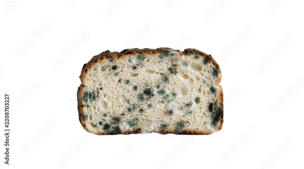 Obraz premium Moldy slice of sourdough bread isolated on transparent background