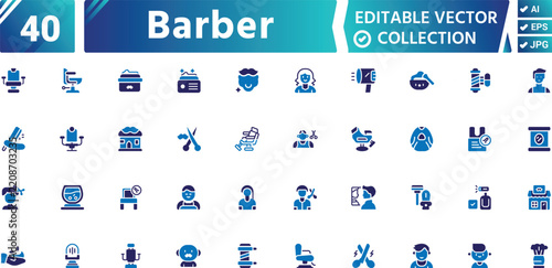 Barber Shop Filled Icons Set – Haircut, Men's Grooming, Hairdresser and Salon Tools