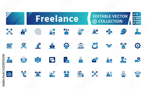 Freelance Work and Freelancer Solid Fill Icon Set – Freelancer, Remote Job, Gig Economy and Online Business Vector Collection