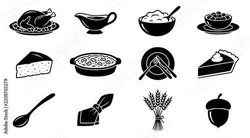 Thanksgiving Dinner Elements Black Silhouette Vector Collection