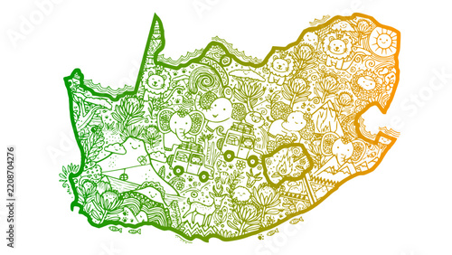 Doodle Map of South Africa with Wildlife, Nature and Travel Icons — Hand-Drawn Line Art