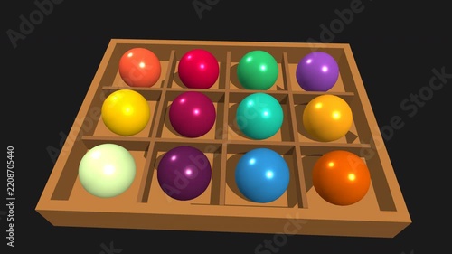 Colorful Spheres in Wooden Grid: A 3D animation featuring bright, multi-colored balls neatly arranged inside the square compartments of a wooden tray