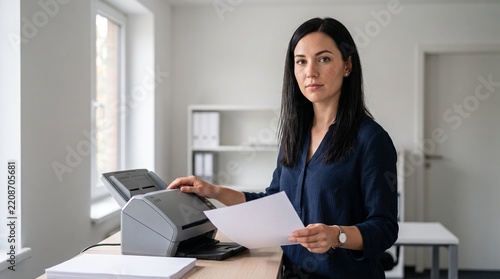 Office worker operating a document scanner and holding printed paper sheets inside a brightly lit corporate room.
