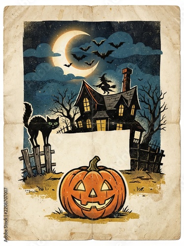 Spooky Halloween Background with Pumpkin and Witch, Festive Autumn Night Illustration for October Holiday Celebration, Greeting Card, Party Decoration and Seasonal Design