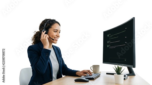Customer service agent working with laptop and headset on white background
