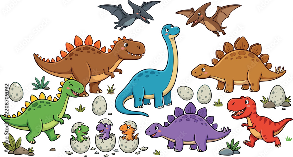 Fototapeta premium Cute cartoon dinosaur character collection featuring tyrannosaurus brachiosaurus stegosaurus pterodactyl and hatching baby eggs