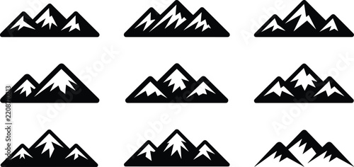Mountain peaks vector icon set featuring snow capped mountain ranges nature landscape and outdoor adventure symbols