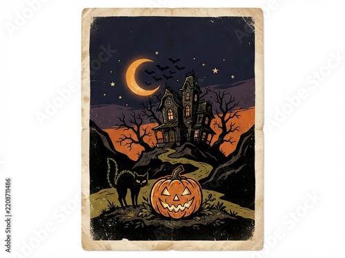 Spooky Halloween Background with Pumpkins, Bats, Moon and Black Cat, Festive Autumn Night Illustration for October Holiday Celebration, Greeting Card and Seasonal Design