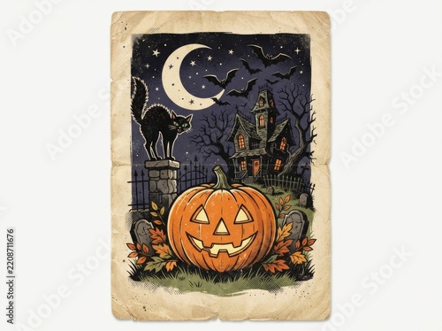 Spooky Halloween Background with Pumpkins, Bats, Moon and Black Cat, Festive Autumn Night Illustration for October Holiday Celebration, Greeting Card and Seasonal Design