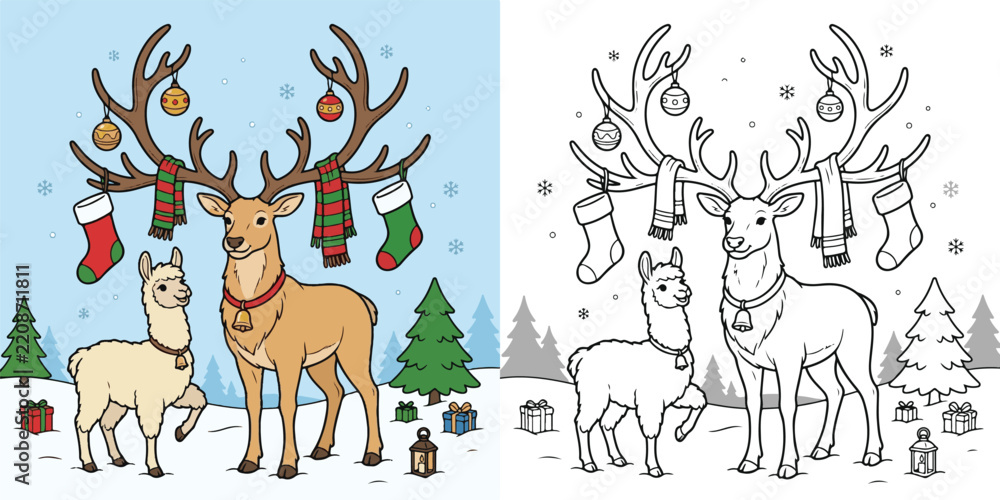 Obraz premium llama using a giant reindeer as a christmas coat rack impossible situation funny animal fun cartoon clipart line art print vector illustration school student children child kid kids coloring book