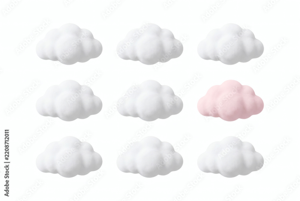 Obraz premium One pink cloud among eight white clouds