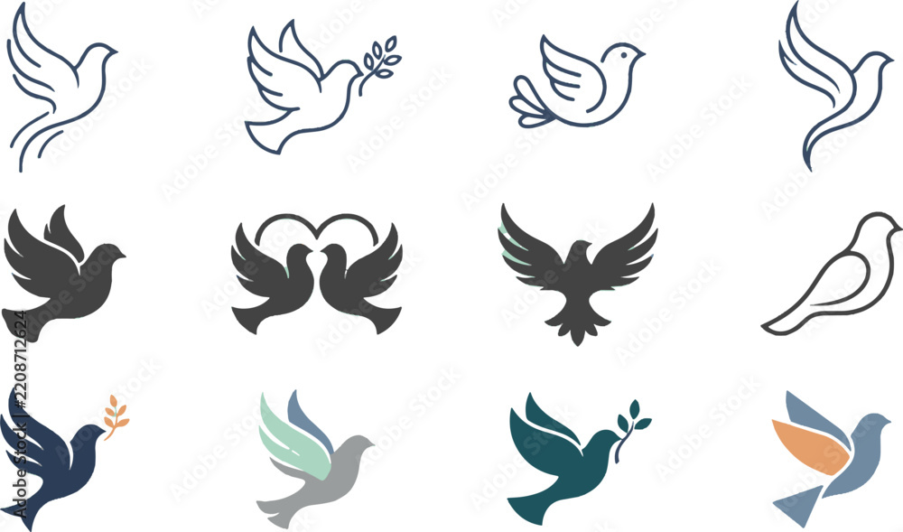 Obraz premium Dove Peace Hope Freedom Birds Flying Line and Silhouette Vector Icon Set