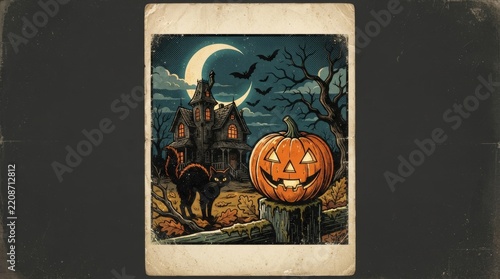 Spooky Halloween Background with Pumpkins, Bats, Moon and Black Cat, Festive Autumn Night Illustration for October Holiday Celebration, Greeting Card and Seasonal Design