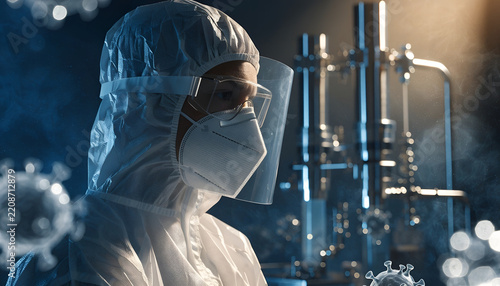 Medical Researcher in Protective Biohazard Suit Studying Infectious Viruses in Laboratory