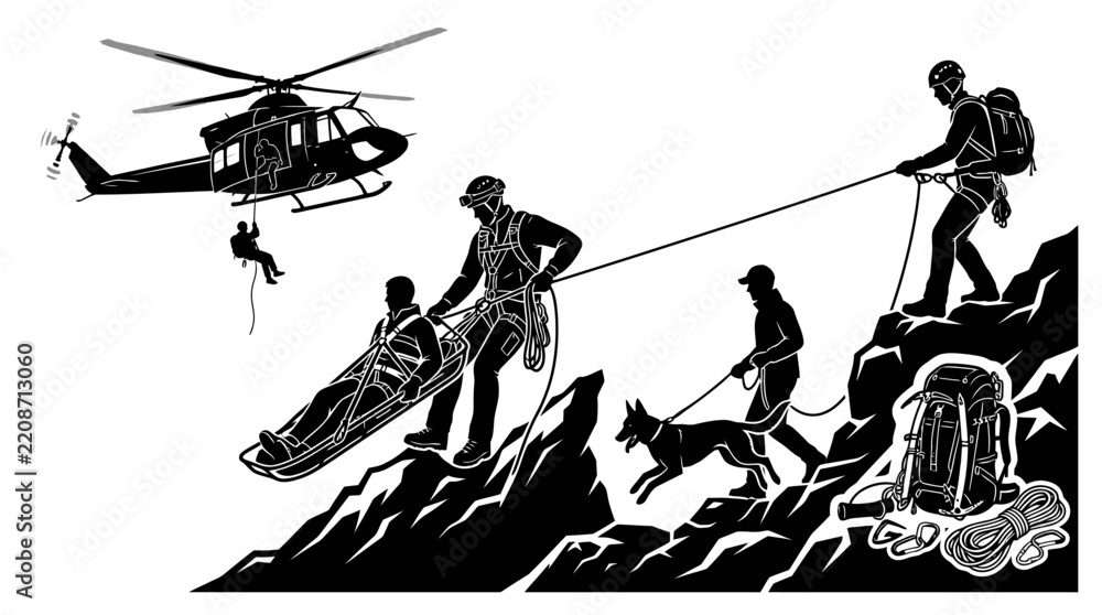 Obraz premium Search and rescue team conducting mountain evacuation with helicopter and rescue dog