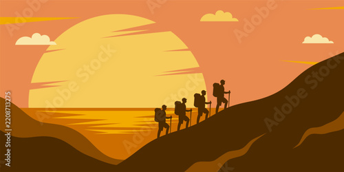 Hiking group vector illustration with silhouettes of backpackers walking up mountain during sunset for adventure travel banner