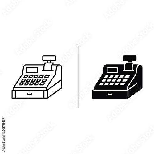 Black and white cash register icon set for retail and commerce designs