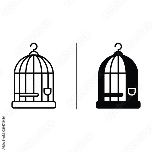 Black bird cage icon in outline and solid styles