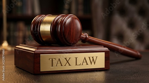 Wooden judge gavel resting on sounding block with tax law text engraved in brass plate