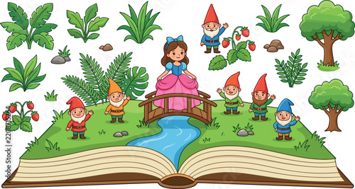 Obraz na plátně Fairytale open pop-up book vector kit featuring beautiful princess seven gnomes