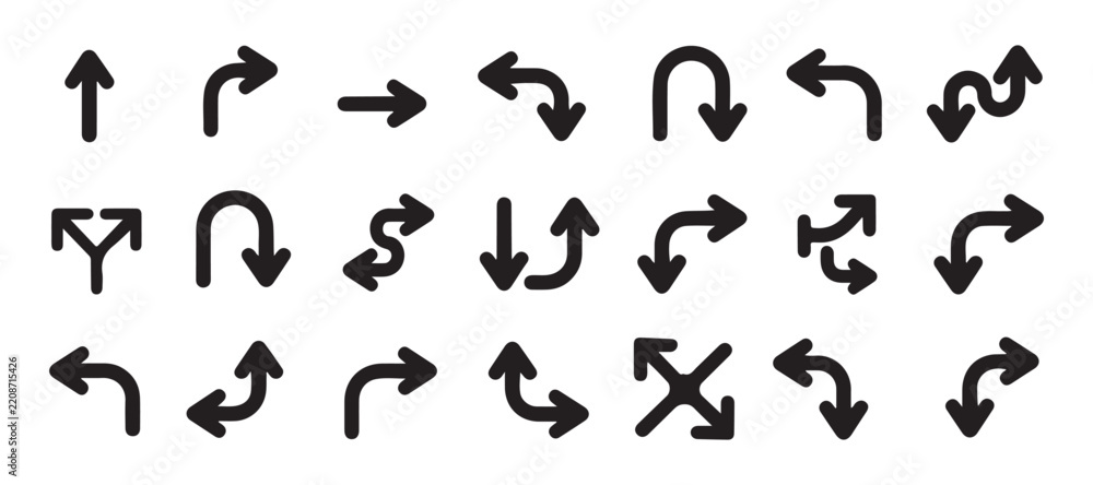 Fototapeta premium Various black arrow icons collection for direction navigation and interface design user flow systems.
