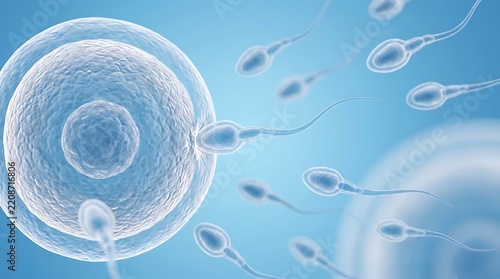 Human egg cell fertilization process with multiple sperm cells swimming towards it in blue lighting