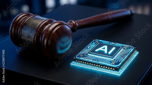 Wooden judge gavel resting beside a glowing digital microchip representing artificial intelligence law regulation